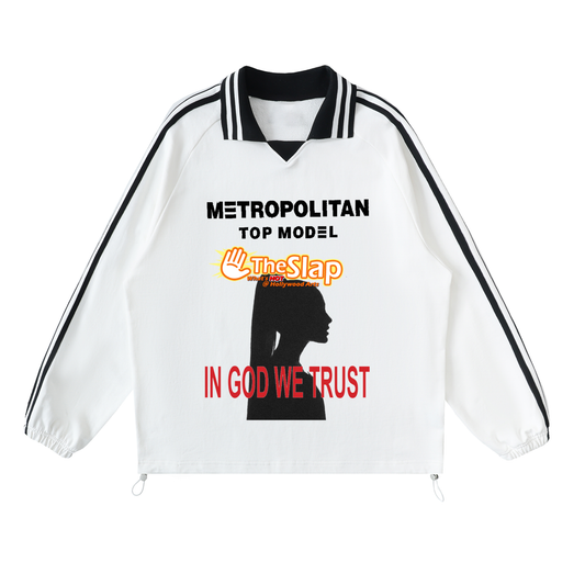 Contrast Striped Lapel Collar Sweatshirt