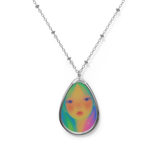Iridescent Teardrop Portrait Necklace - Colorful Dreamy Face Pendant