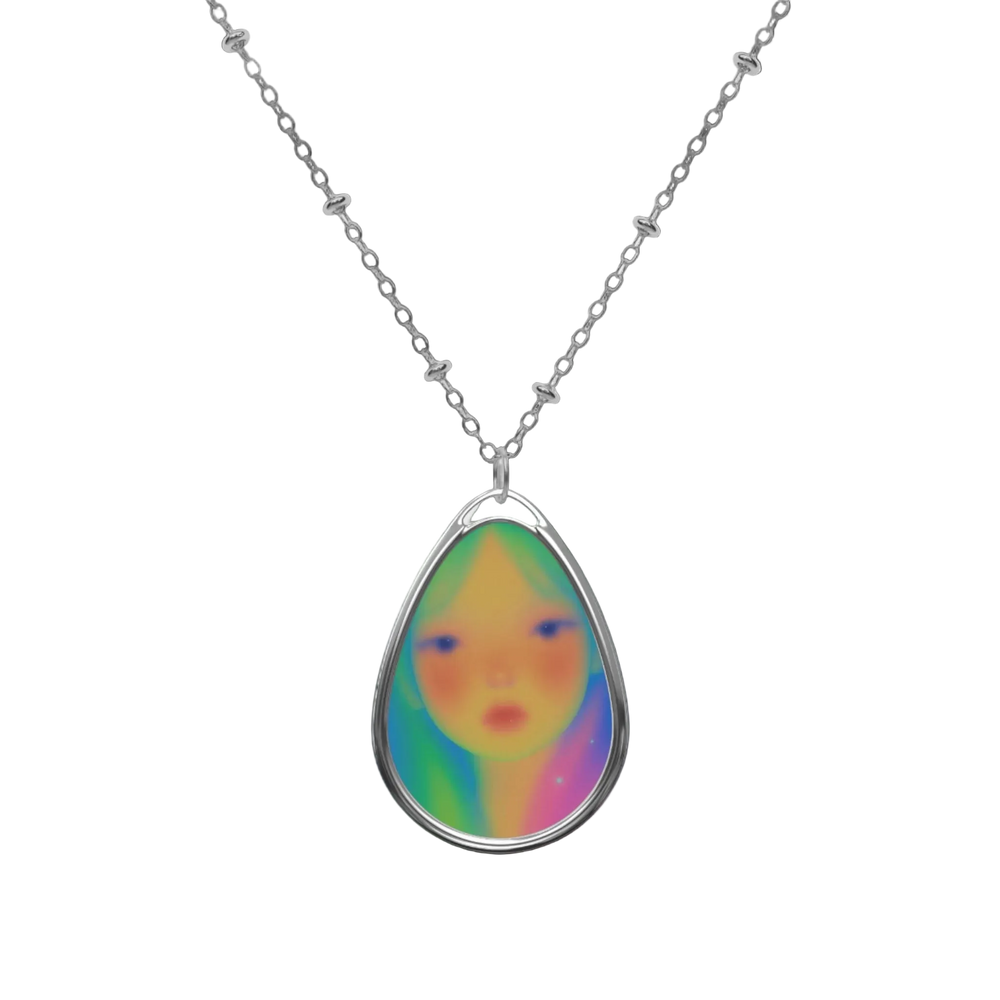 Iridescent Teardrop Portrait Necklace - Colorful Dreamy Face Pendant