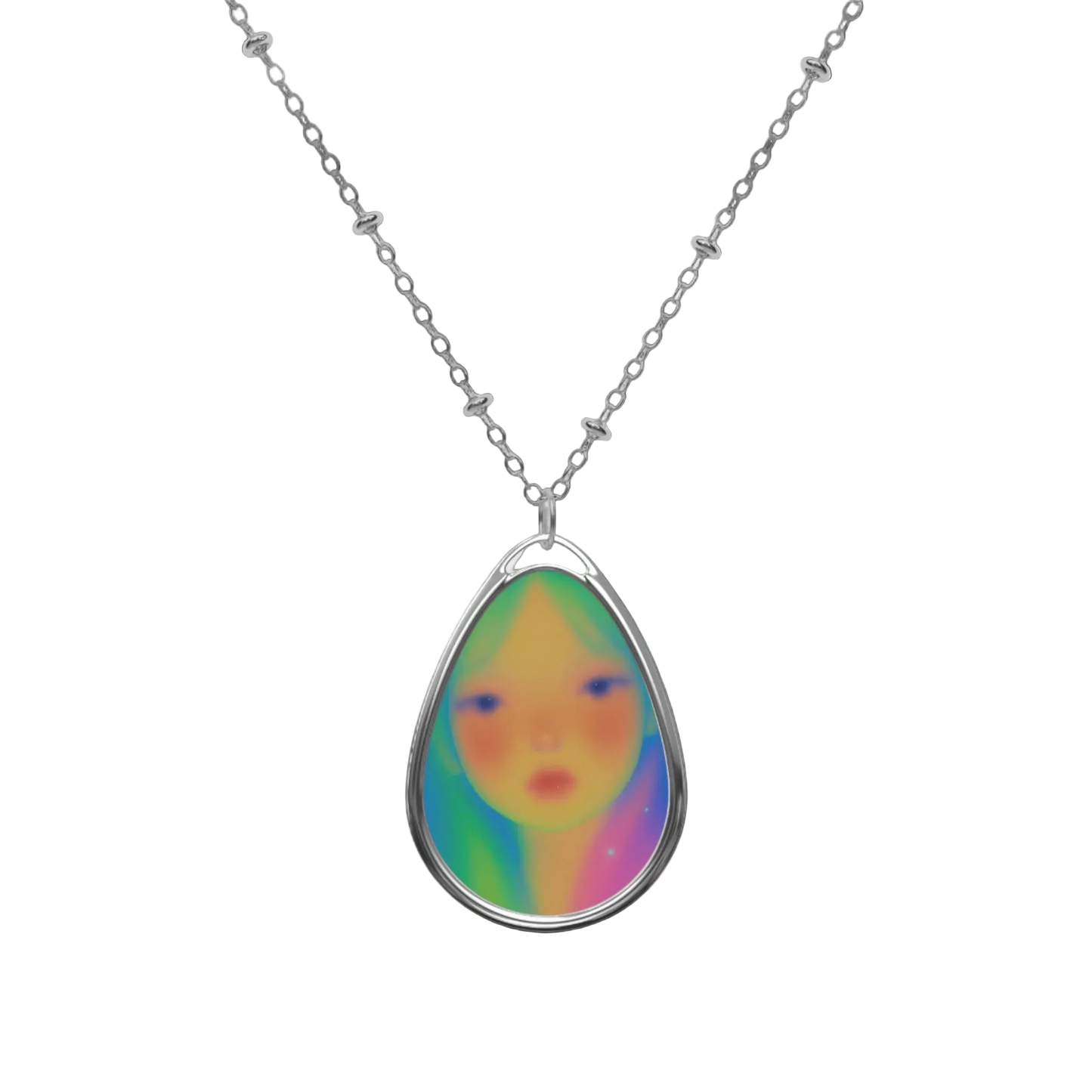 Iridescent Teardrop Portrait Necklace - Colorful Dreamy Face Pendant