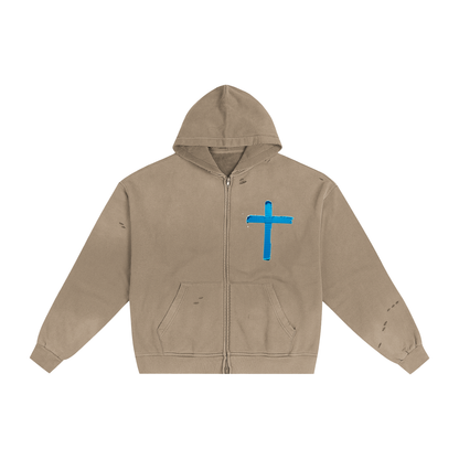 Hand-Frayed Sunfade Zip Hoodie